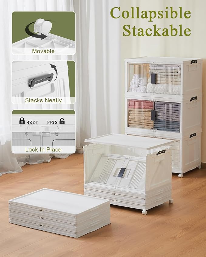 OlarHike 76QT Lockable Storage Bins with Lids - Folding Storage box with Doors & Wheels, Stackable Organizers, Collapsible Plastic Bins for Home, Closets, Office, Dorm, School, Gifts, 3 Pack Cubes