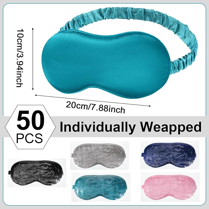 Newcotte 50 Pcs Silk Sleep Eye Mask for Sleeping Adjustable Elastic Strap Blackout Smooth Soft No Pressure Eye Covers for Women and Men Comfortable Blindfolds (Black, Gray, Green, Pink, Navy Blue)