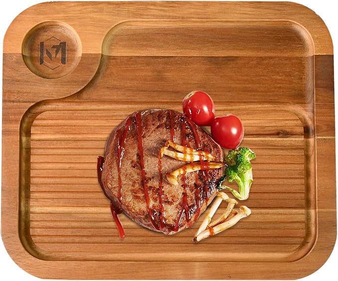 Acacia Wood Steak Plates, Carved Meat Wooden Plate,Stable Food Serving Tray | Anti-slip Cheese Charcuterie Board with Deep Grooves & Hidden Handles,Carnivore Cutting Board for Eating,Housewarming gift
