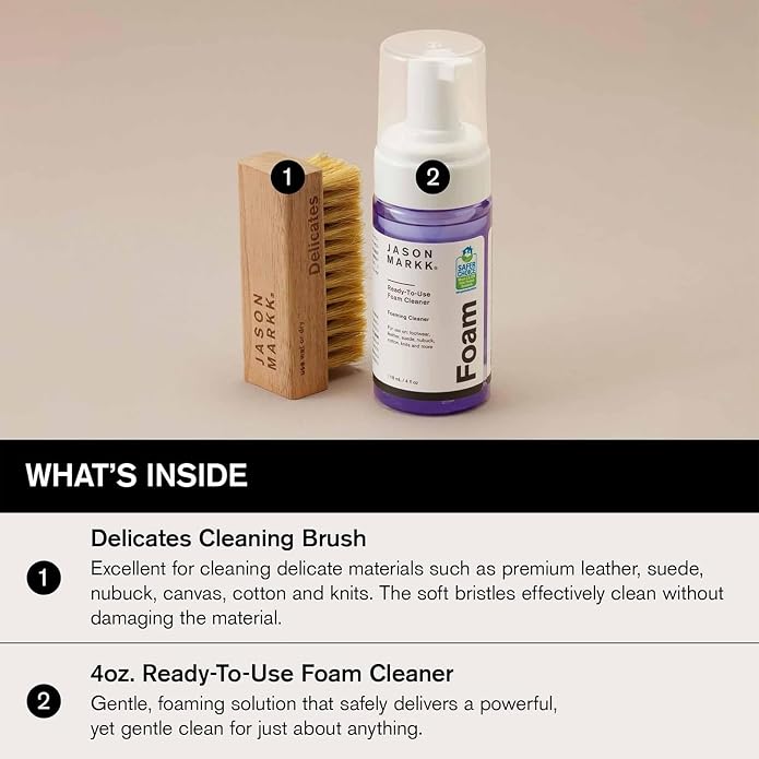 Jason Markk Quick Clean & Suede 4-Piece Cleaning Kit Bundle, Suede Brush & Stain Eraser, Ready-To-Use Foam & Delicates Brush, Safe for Leather, Suede, Nubuck, Cotton, Wool, Felt, Knits
