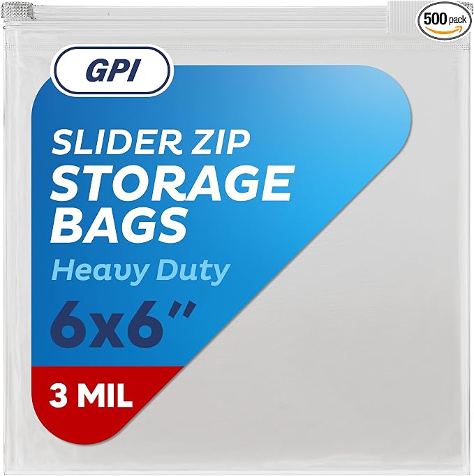 500 Count - Slider Zip Food Storage Snack Bags, 6" x 6" 3 Mil Heavy Duty, Strong & Durable For Freezer Storage. GPI