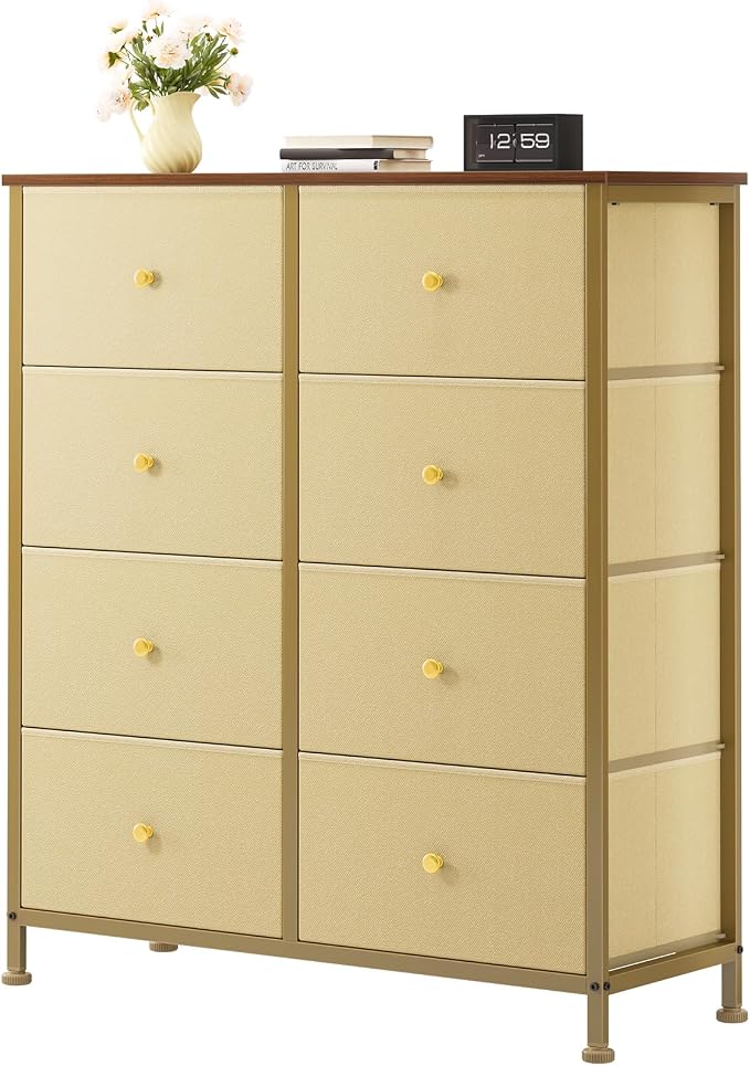 OLIXIS 8 Drawer Storage Dresser with Wood Top - Wide Fabric Chest Organizer for Bedroom, Closet, Living Room,Tower Cabinet, TV Stand, Hallway Entryway Furniture,Khaki