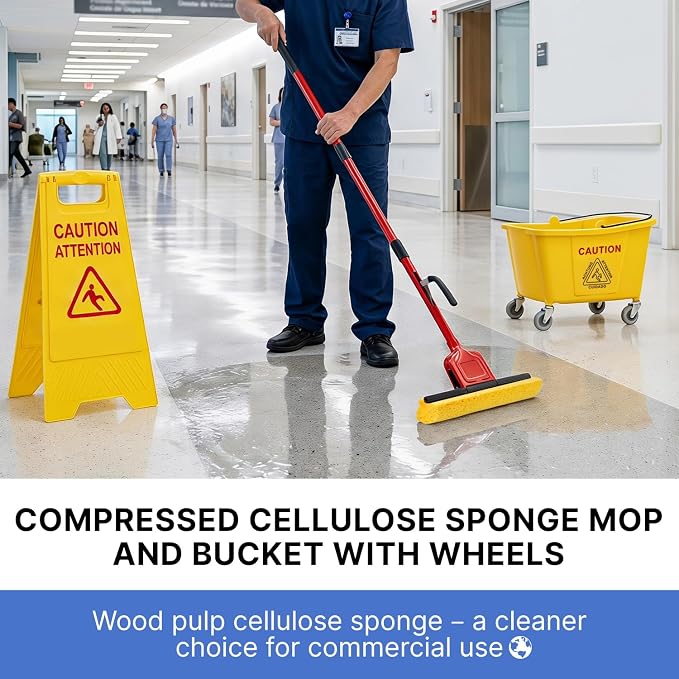 Mop Bucket on Wheels, Commercial Sponge Mop and Bucket Set for Floor Cleaning with 2 Compressed Cellulose Replacement Heads, Heavy Duty Industrial Mops for Hardwood Tile for Office Workshop Warehouse