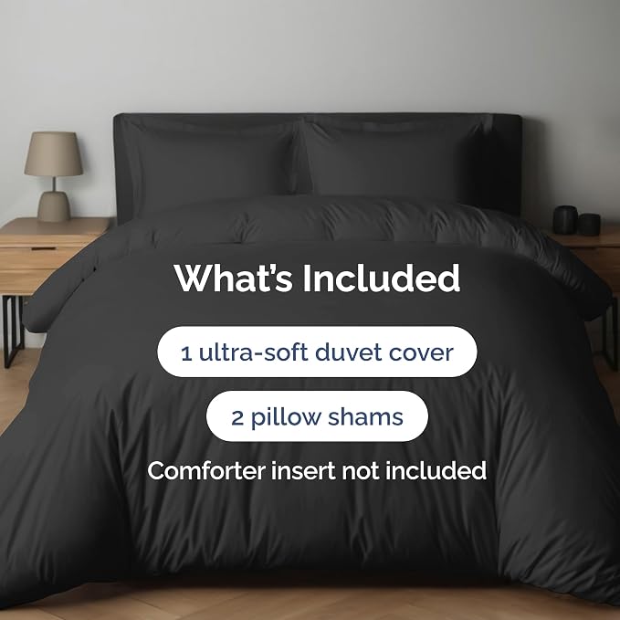 Duvet Cover Queen Size Set - Extra Soft Queen Duvet Cover 90" x 90" with 2 Pillow Shams for Women, Men, Kids & Teens - Hotel Luxury, Easy-Care w/ Zipper Closures & Ties - Comfy and Breathable (Black)