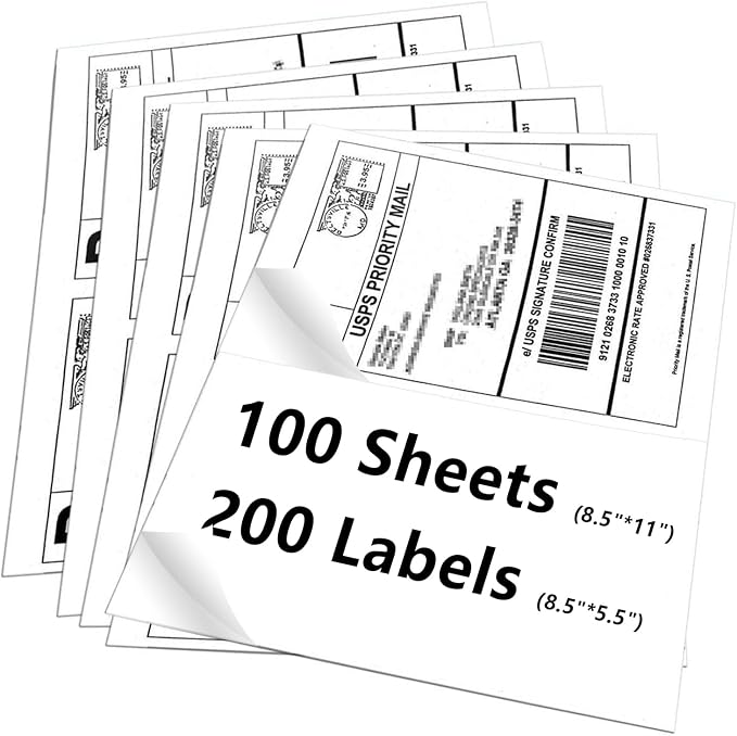 9527 Product 8.5" x 5.5" Half Sheet Self Adhesive Shipping Labels for Laser & Inkjet Printers, Easy to Peel Label, 100 Sheet 8.5 x 11 Address Labels, 2 Labels per Sheet (200 Labels)