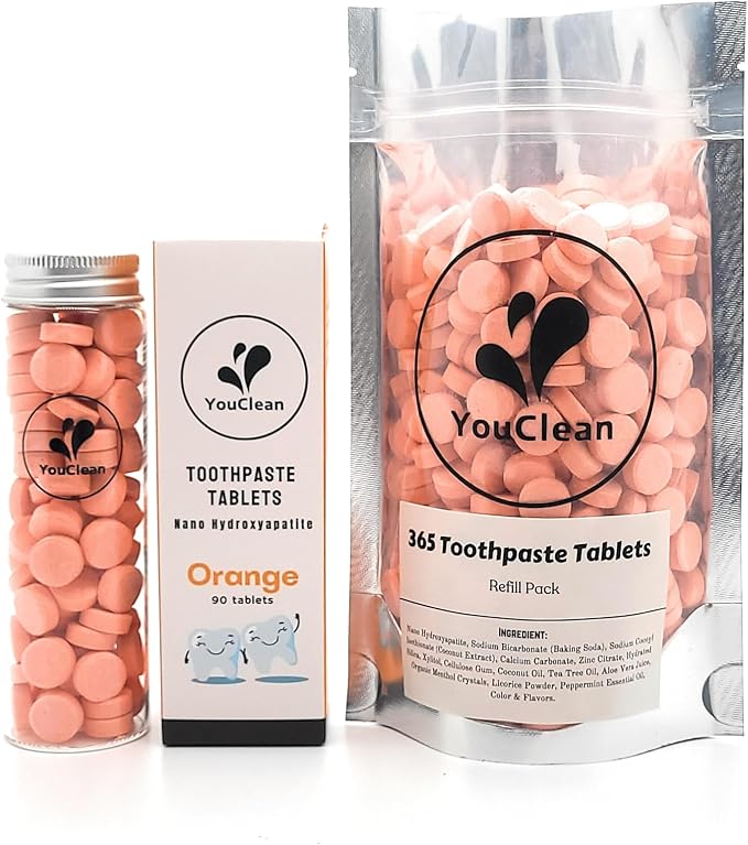 Refill Pack - 365 Toothpaste Tablets - Natural Remineralization & Whitening with Nano Hydroxyapatite - Travel or Daily Use - Fluoride Free (Orange365)