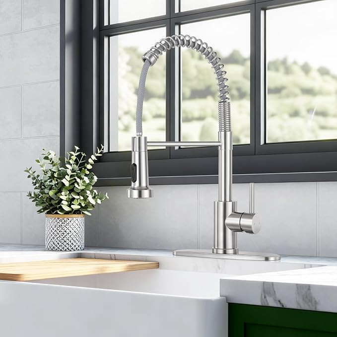 Kitchen Faucet with Pull Down Sprayer, Brushed Nickel | 2-mode sprayer, 360° high arc spout, 304 SS build, drip-free valve, fingerprint-resistant, DIY install, NSF certified