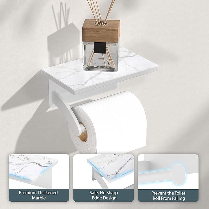 FORIOUS Toilet Paper Holder with Phone Shelf, Natural Marble Wall Mount Tissue Roll Holder for Bathroom, Washroom, 304 Stainless Steel Commercial Toilet Tissue Dispensers with Shelf, White