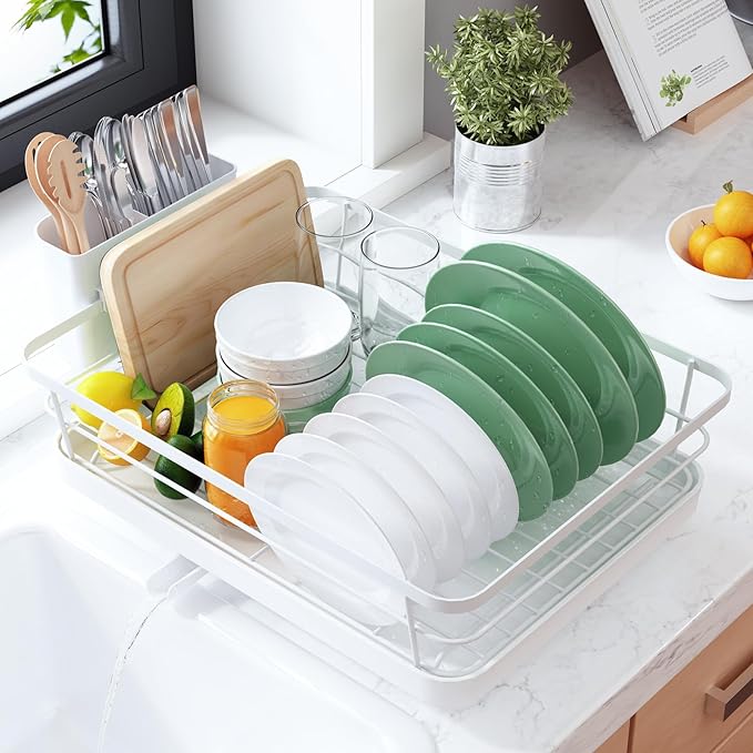 Kitsure Dish Drying Rack for Kitchen Counter, 12''W x 15.5''L, White | Stainless Steel Sink Organization, Cutlery Holder, Home and Appartment Decor