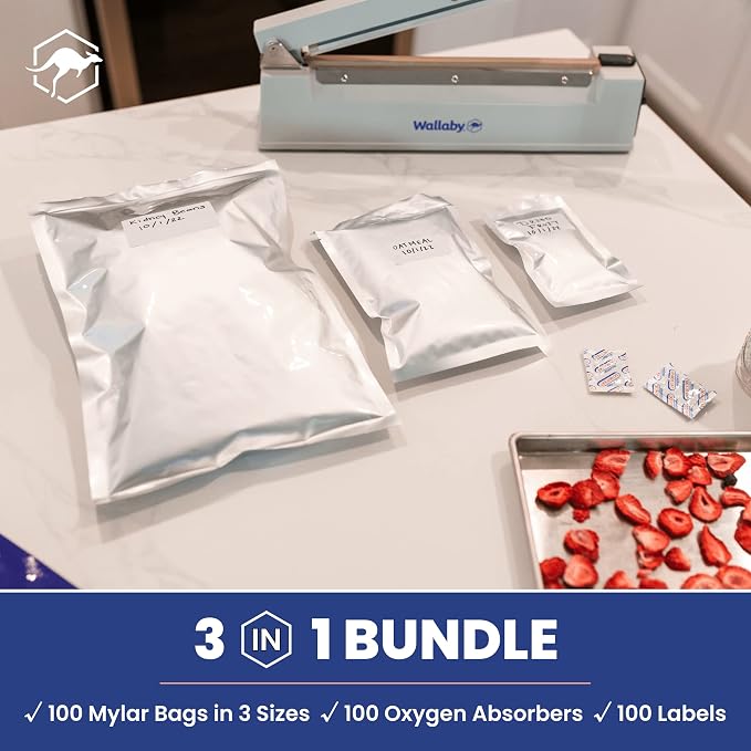 Wallaby 100ct Multi-Size Mylar Bags, 400cc Oxygen Absorbers, 10 Mil Thickness, 1-Gal 10x14, 1-Qt 8x12, 1/2-Pt 6x8, Heat-Sealable, Airtight, Flat, Silver