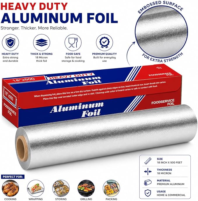 Aluminum Foil Roll 18"x 500 feet (1 Pack) - Aluminum Foil Heavy-Duty, Commercial Grade for Food Service Industry - Silver Foil for Cooking & Roasting