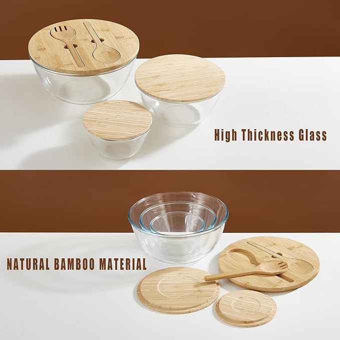 Glass Mixing Bowls with Bamboo Lids, 3 Packs Glass Bowls with Lids Set(4.7QT, 2.1QT, 0.8QT), Large Capacity Salad Bowls, Nesting Containers Microwave Safe Baking Bowls for Kitchen