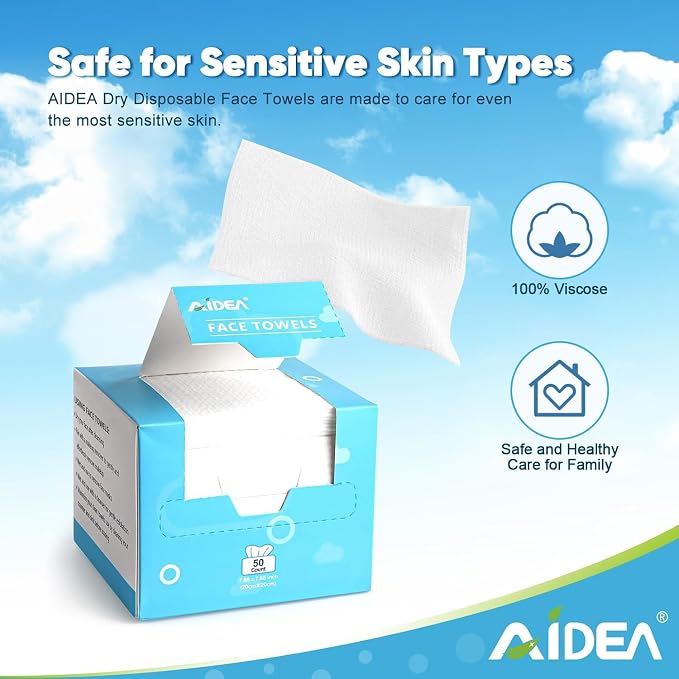 AIDEA Face Towels Disposable-50Ct, Face Cloths for Sensitive Skin | Facial Cleansing Wipes, Facial Towelettes for Makeup Removing, Nursing, Travel, Dry Wipes