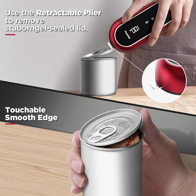 Canslab Turbo Rechargeable Electric Can Opener, LED Battery Life Display | Smart Auto Stop Can Opener for Seniors, Safe Touchable Smooth Edge, One Touch Hands-free Operation, Wall-mountable, Red