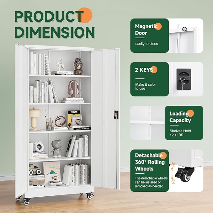 Metal Garage Storage Cabinets with Lock Door and Adjustable Shelves, Steel Tool Cabinets for Home,Office,Warehouse Organisieren (White, 75" H)