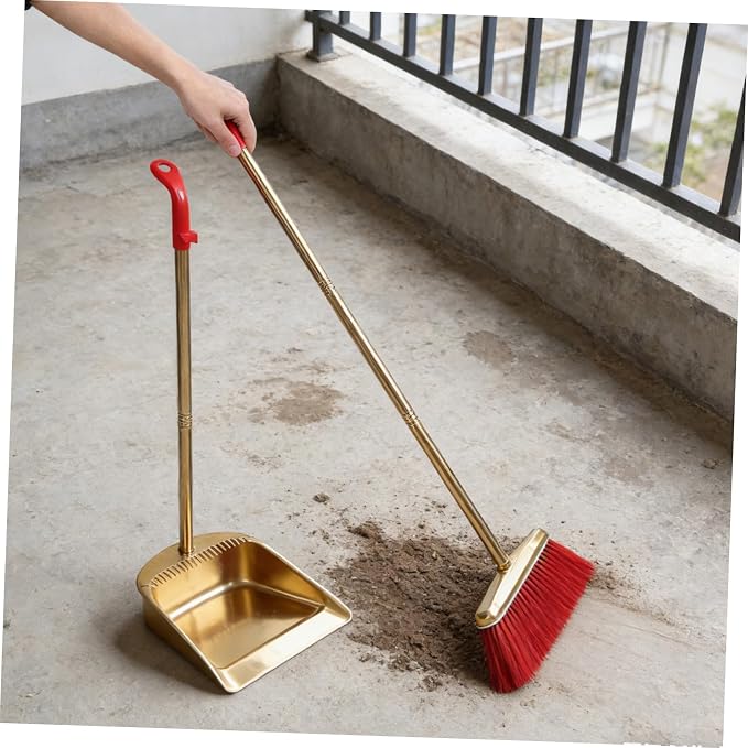 Dustpan and Broom Set with Long Handle, Stainless Steel Metal Broom and Dustpan Combo with Teeth Edge for Home Kitchen Office Floor Cleaning, Gold Color Upright Sweeping Kit