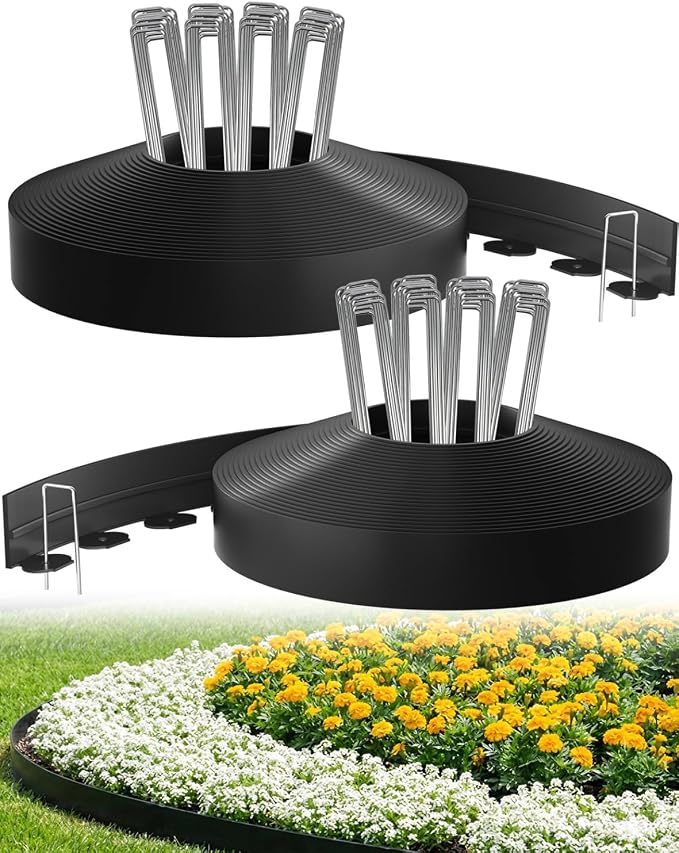 Bluepro Landscape Edging, 2 Inch 100 ft Garden Border Edging | 150 Steel Stakes, Upgraded Reinforced Design, Durable Plastic Landscaping Border for Flower Beds, Lawn & Yard