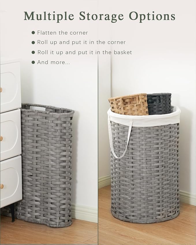 SETVSON Laundry Hamper Laundry Basket Round 19.0 Gal (72 L) Handwoven Rattan Hamper, Large Wicker Laundry Hamper with Removable Laundry Bag Handles 2 Mesh Bags for Bathroom Living Room Gray (No Lid)