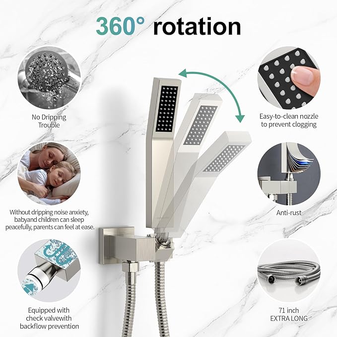 SR SUN RISE Shower Faucet Set Bathroom Square Rain Shower Head with Handheld Spray Wall Mounted Rainfall Shower Fixtures Brushed Nickel Shower Faucet Trim Repair Kits (Contain Shower Valve)10 Inches