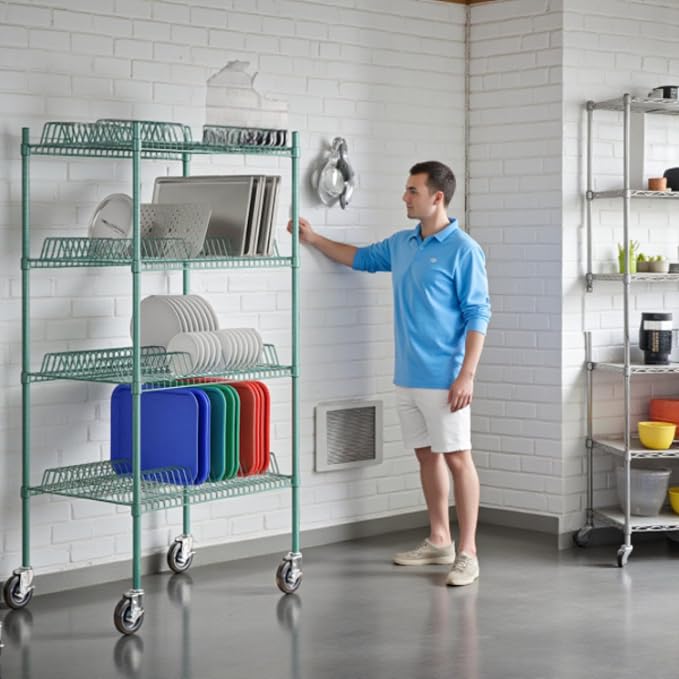 PRO&Family Green Epoxy 4-Tier Commercial Drying Rack with Casters – Heavy Duty Wire Shelving for Dish Drying, Kitchen Storage & Food Service Use (24" x 60" Mobile, 1 1/4" Slots)