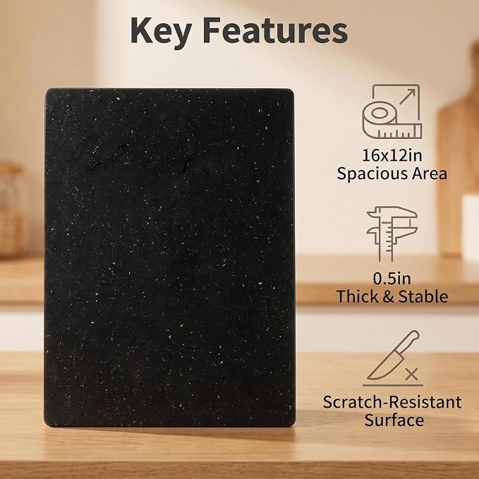 Granite Cutting Board for Kitchen 16×12 Inch black | Natural stone, 0.59" thick, non-slip feet, stay cool for dough/butter, ideal for pastry, cheese, charcuterie, pizza, bread