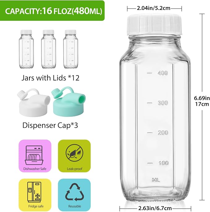 CUCUMI 12 Pack 16 Oz Glass Milk Bottles with Lids, Glass Juice Bottles with Scale & Silicone Pour Spout, Reusable Juice Containers Square Drinking Jars for Milk, Coffee, Smoothies, Water