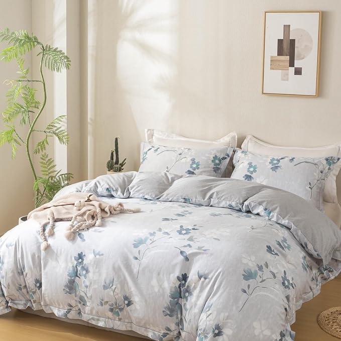 OAITE Duvet Cover Set Queen Size Floral Pattern Ultra Soft 100% Cotton Duvet Cover Sets 3-PC, Breathable Duvet Cover with Zipper Closure & Corner Ties(2 Pillow Shams,1 Duvet Cover)