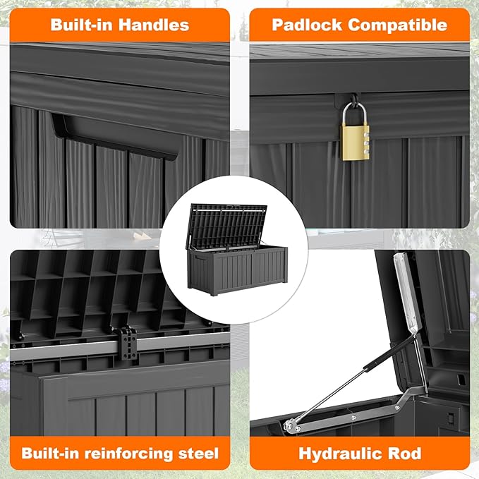 DRATO 150 Gallon Deck Boxes Outdoor Waterproof, Lockable Outdoor Storage Box for Patio Furniture Pool Supplies Garden Tools, Weatherproof Resin Storage Box for Backyard (Black, 150 Gallon)