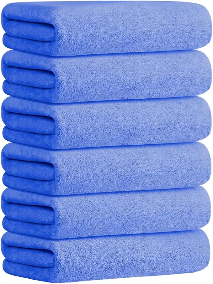 JML Microfiber Bath Towels with Hanging Loop, 30" x 60", 6 Pack | Soft, Absorbent, Lint Free, Fade Resistant, Quick Drying Towels for Body, Adult, Hair Wrap, Blue