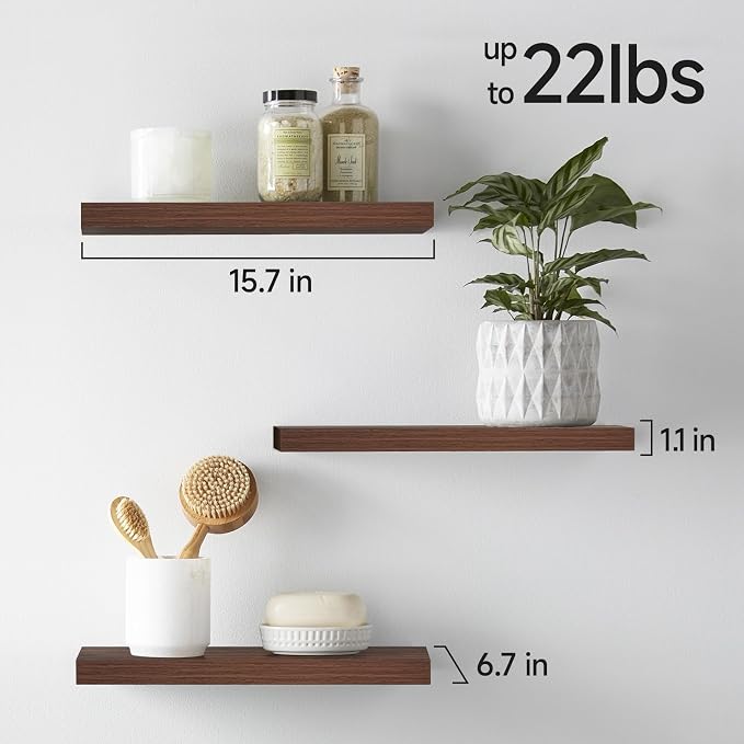 BAYKA Floating Shelves for Wall, Set of 3, Wall Mounted Rustic Wood Shelves for Bathroom, Bedroom, Living Room, Kitchen, Small Hanging Shelf for Books/Storage/Room Decor, Walnut-Like, 15.7in