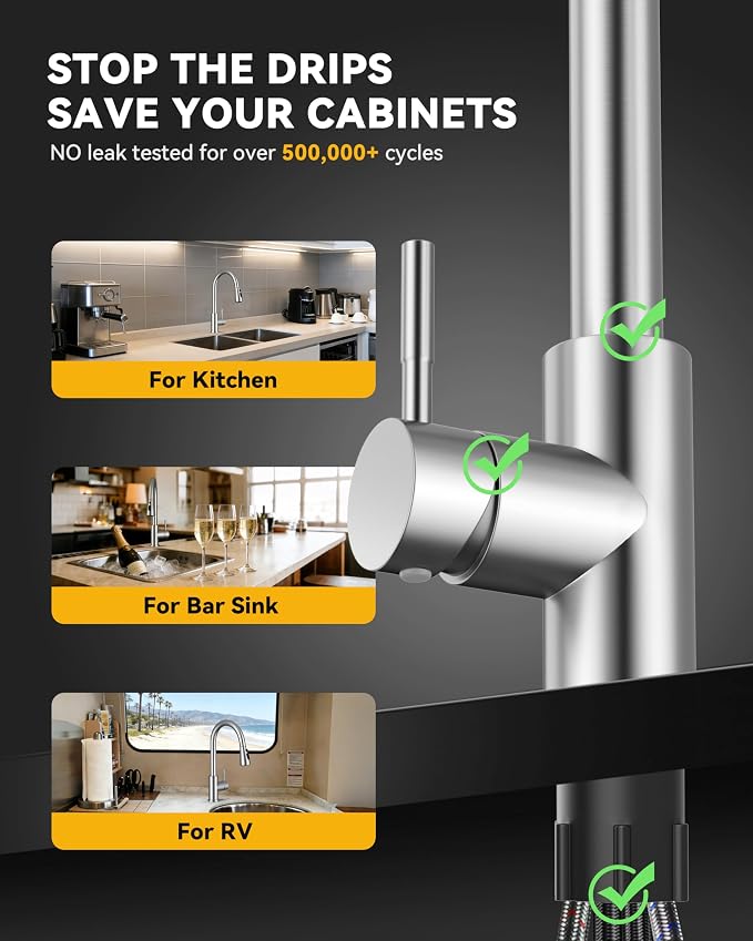 Hiqufet Kitchen Faucet, Pull Down Sprayer, Brushed Nickel | Easy Install, 360 Swivel, 3 Spray Modes, SUS304 Stainless Steel, Fits RV/Laundry/Bar Sinks, High Arc Touchless, Lead-Free