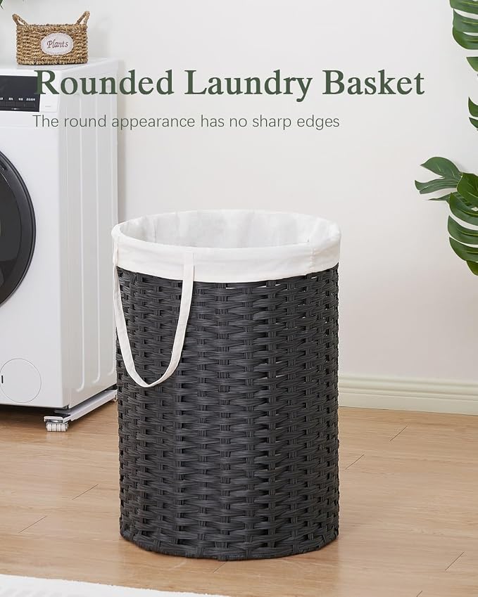 SETVSON Laundry Basket Round Rattan Laundry Hamper 29.1 Gal(110 L) Handwoven Large Wicker Basket with Handles, Wicker Hamper with Removable Bags and 2 Mesh Bags for Bathroom Living Room Black(No Lid)