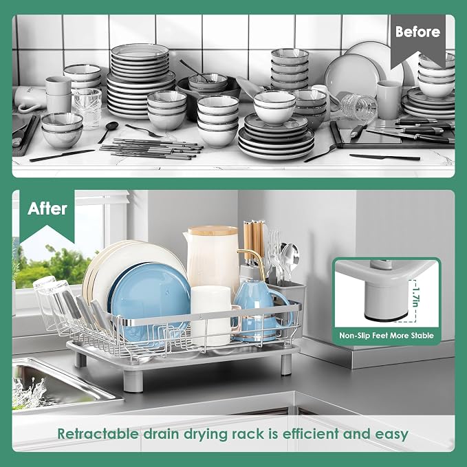 MOUKABAL Stainless Steel Dish Drying Rack for Kitchen Counter, Grey Silver | 13×17 Large Capacity/Drainboard with Rotating Spout/Removable Cup & Utensil Holders/Fast Drainage/Countertop Dish Drainer