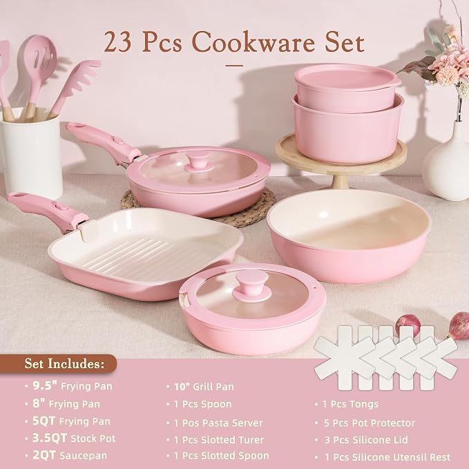 Astercook 23 Pcs Pots and Pans Set Non Stick, Ceramic Cookware Set Detachable Handle, RV Kitchen Cooking Set Removable Handles, Oven Safe, Induction Ready, Stackable, Pink, Mothers Day Gifts