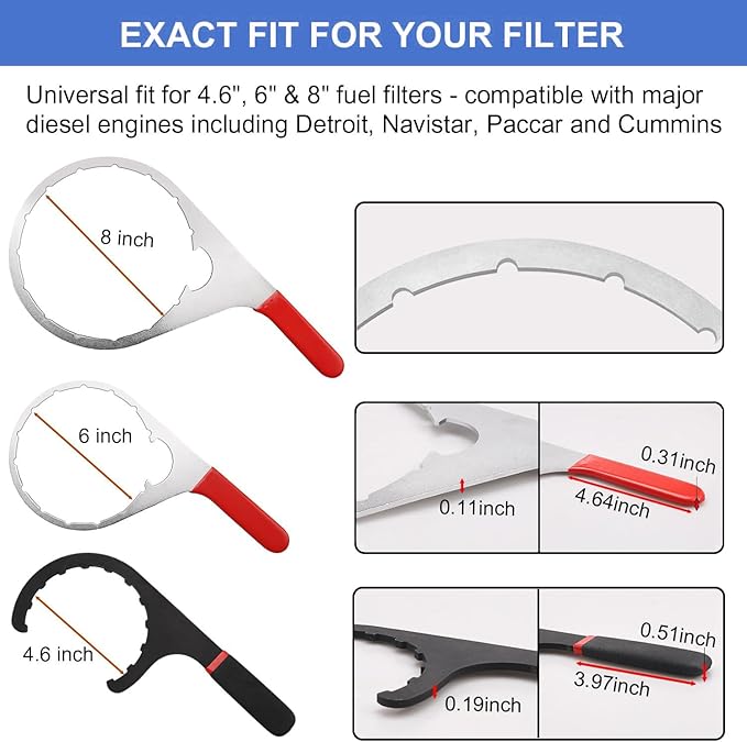 3-Piece Diesel Fuel Filter Wrench Set (4.6/6/8 Inch) - Heavy-Duty Steel w/ Non-Slip Grip - Fits Detroit Diesel DD13/15/16, Navistar, Cummins ISX, Peterbilt - Replaces 482017, 380134, 382, 61060 (RED)