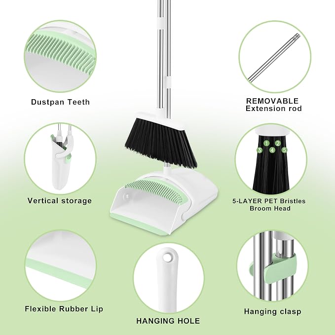 Broom with Dustpan Combo Set for Home, 52-in Long Adjustable Handle Angle Broom and Dustpan Set with Dustpan Comb Teeth for Sweeping Pet Hair Food Dirt Kitchen (White-Green)