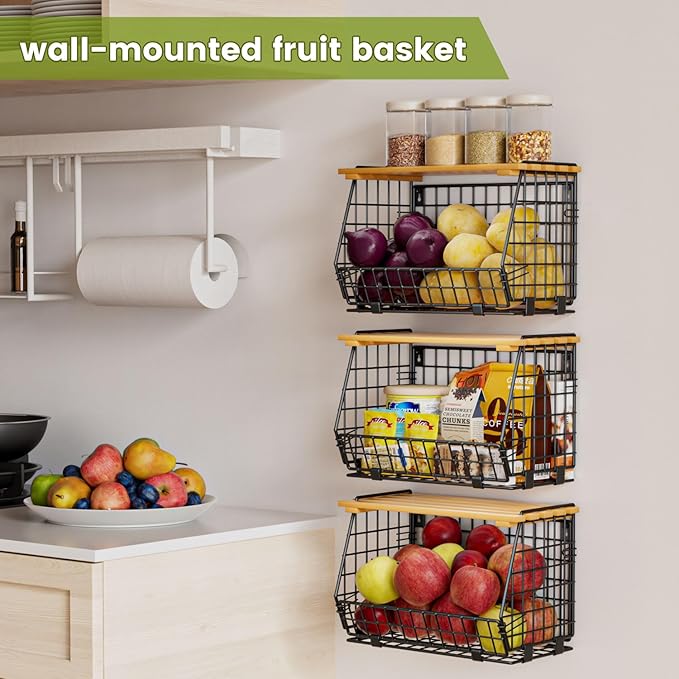 Wire Fruit Basket for Kitchen Storage: Hanging and Counter Basket for Vegetable Produce - Potato and Onion Storage for Pantry 3 Pack