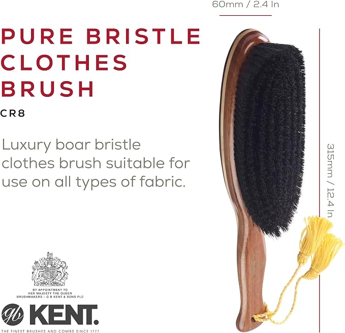 KENT CR8 Clothes Brush, 100% Natural Black Boar Bristle Lint Remover for Cashmere, Wool, and Silk for Keeping Fabrics Free from Fibres, Fluff and Pet Hair. Luxury Three Veneered Woods. Made in England