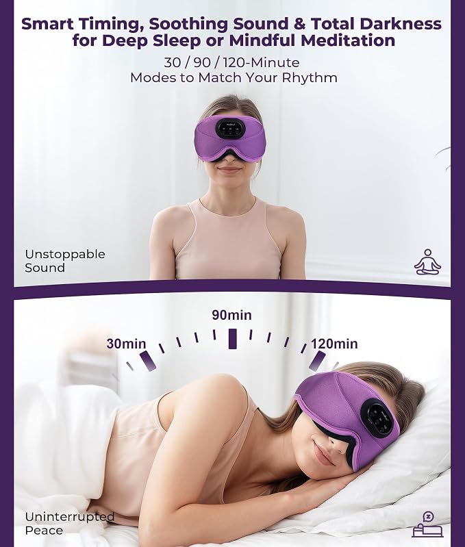 MUSICOZY 3D Bluetooth Sleep Mask with Headphones and Timer, Wireless Sleep Headphones for Side Sleepers, Eye Mask with Bluetooth Headphone, Unique Gifts for Men Women, Purple