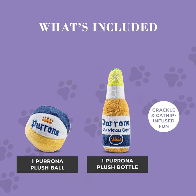 Haute Diggity Kitty Purrrona Beer Bottle & Ball Set, Plush Cat Toys Catnip Filled with Interactive Crackle Sound, Safe & Durable Toys for Cat & Kitten, 2 Pcs