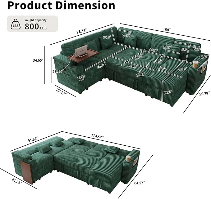 L-Shaped Sectional Sleeper Sofa with Pull Out Bed, Green | Plush Corduroy, Reclining Backrest, Storage Chaise, Usb Ports, Cup Holders & Table – Modular Cloud Couch for Living Room