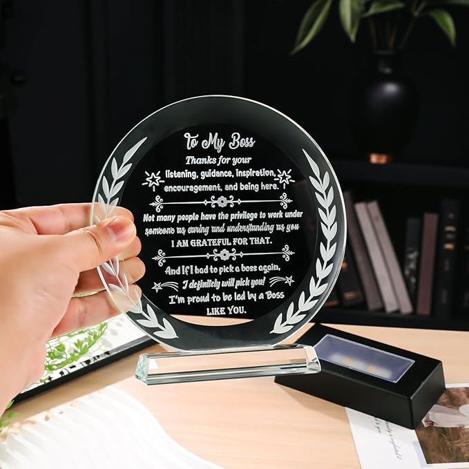 Boss Gifts for Women Men Meaningful Appreciation Retirement Present for Leader with LED Light Base Best Birthday Plaque to My Boss for Office Desk Home
