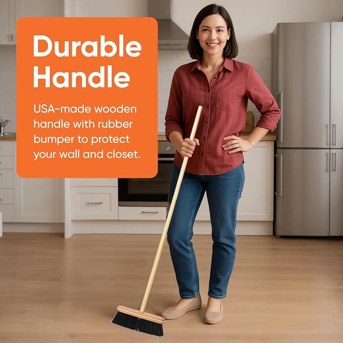 Superio Kitchen Broom Premium Black Tampico Bristles, Wood USA Handle, Heavy Duty Household Broom - Easy Swiping Dust and Wisp, Home, Kitchen Bedroom, Lobby, Floors and Corners