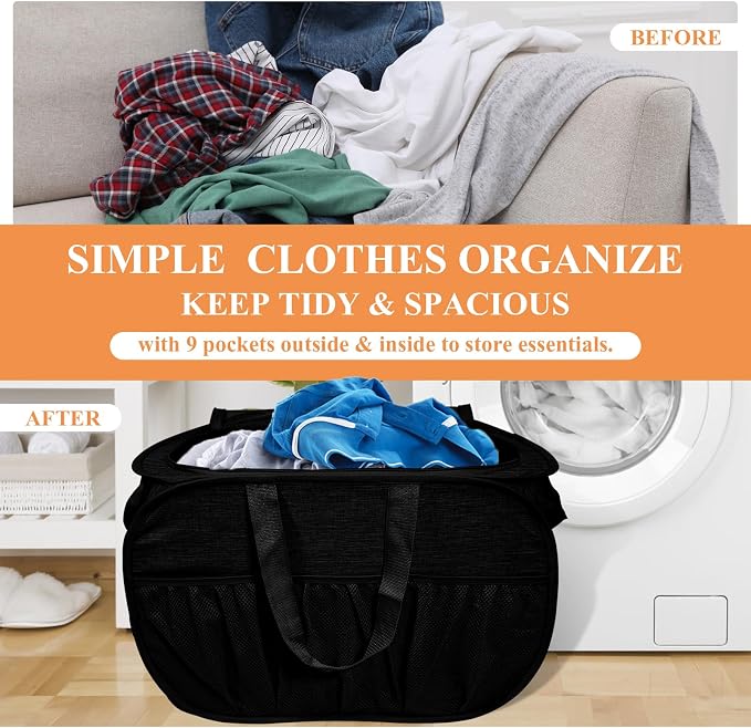 Collapsible Laundry Baskets with Lid, Foldable Laundry Basket with Pockets, Pop Up Laundry Hamper with Dual Handles, 99L Sturdy Clothes Hampers for Clothes, Groceries, Supplies, Tools, Black