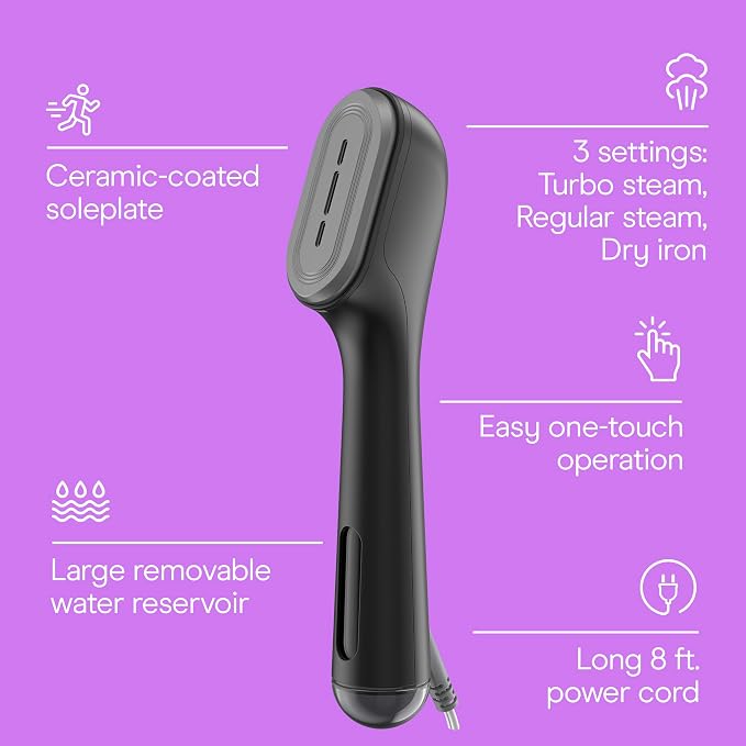 Conair 2-in-1 Steam & Iron Garment Wand, Portable Handheld Fabric Steamer with Ceramic Soleplate, 25-Second Heat-Up, 12-Minute Steam Time, Black, GS47BL