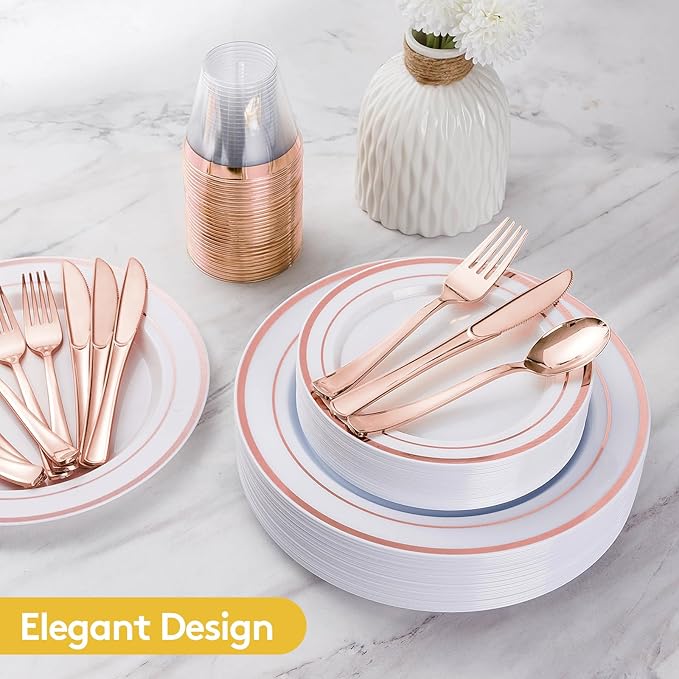 Goodluck 600 Pieces Rose Gold Disposable Plates for 100 Guests, Plastic Plates for Party, Wedding, Dinnerware Set of 100 Dinner Plate, 100 Salad Plates, 100 Spoons, 100 Forks, 100 Knives, 100 Cups