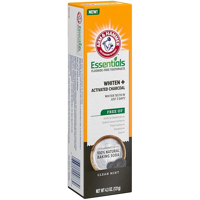 ARM & HAMMER Essentials Fluoride-Free Toothpaste,Whitening + Activated Charcoal Toothpaste of 4.3oz Tubes,Clean Mint,100% Natural Baking Soda,(Pack of 12)