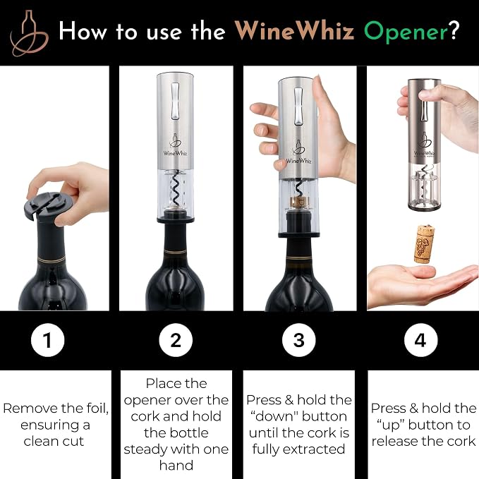 Electric Wine Opener Set with Base and Accessories (Rechargeable Stainless Steel Corkscrew, Dispenser, Foil Cutter Tool, Stopper) | Lovers Gift for Housewarming, Birthday, Registry