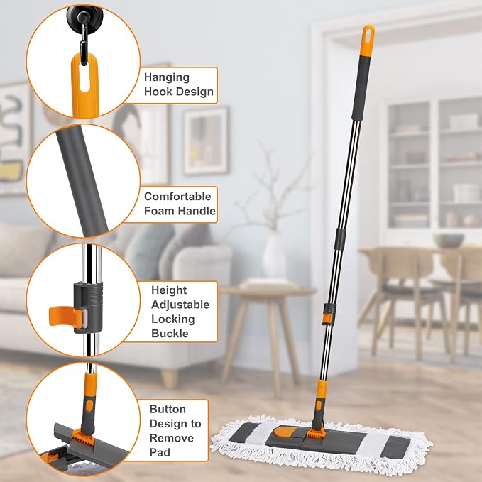 MASTERTOP Dust Mop for Floor Cleaning, Microfiber Floor Mop with 2 Washable Pads, Height Adjustable Long Handle, 26.4'' Dry and Wet Flat Mop for Hardwood, Laminate, Tile, Marble