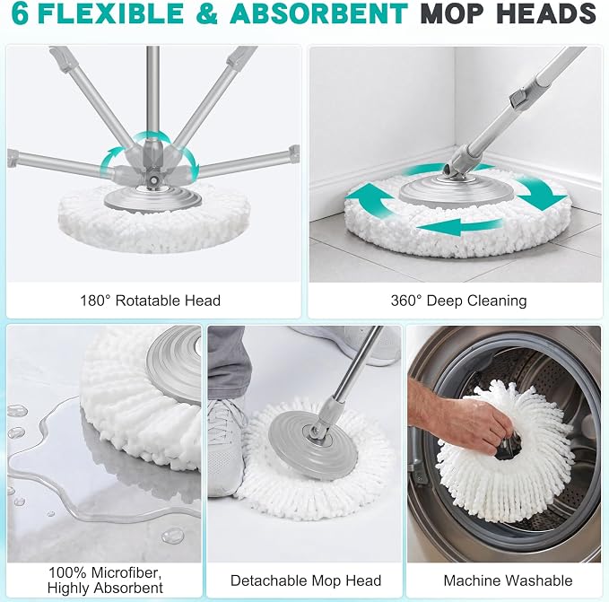 Mop and Bucket Set with 6 Replacement Microfiber Heads, Blue | Spin mop with wringer, 61-inch extra-long handle, spinning mopping floor cleaning system for home floor